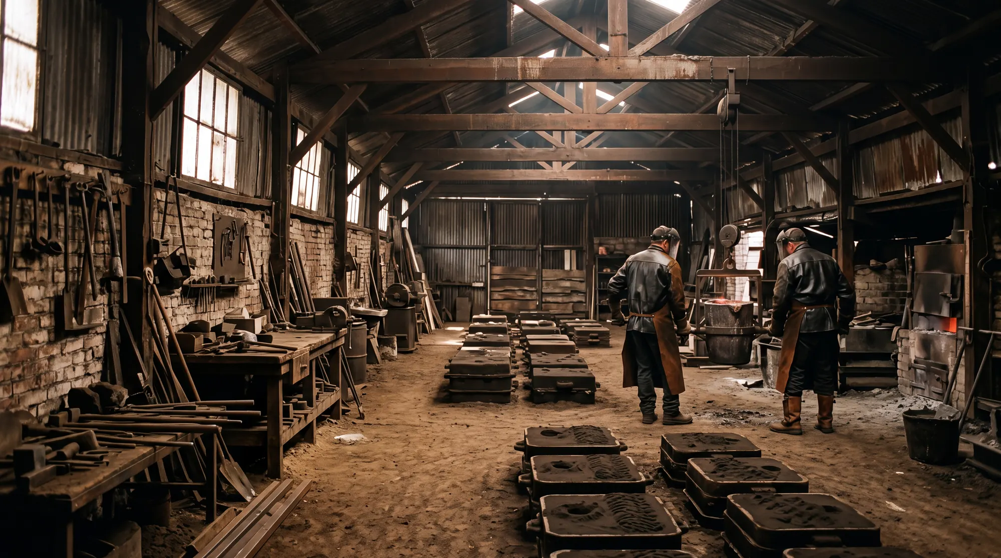 The interior of an old metal foundry under a timber roof: sand moulds on the floor, a pouring ladle, dust in the light from high windows