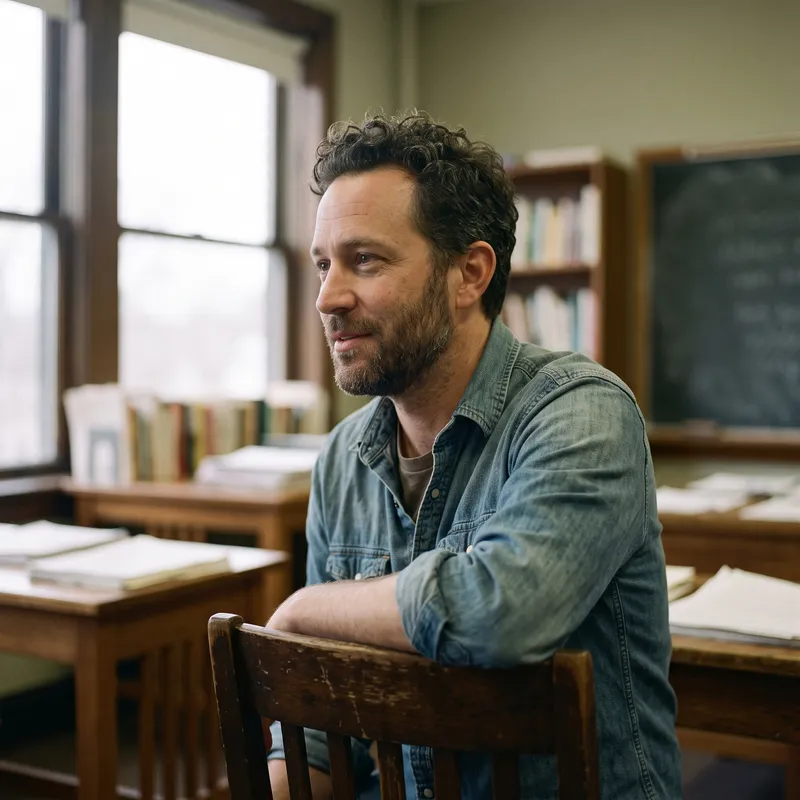 A man in his forties with a close-cropped beard, leaning on the back of a wooden chair in a classroom, listening