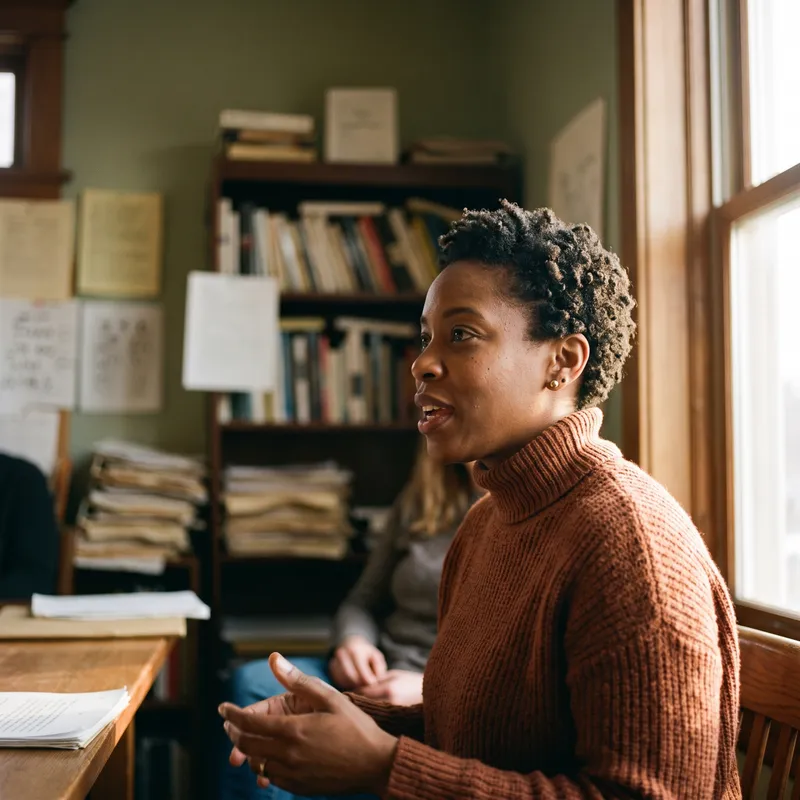 A woman in her late thirties in a rust turtleneck, mid-sentence, explaining something by a sunlit window