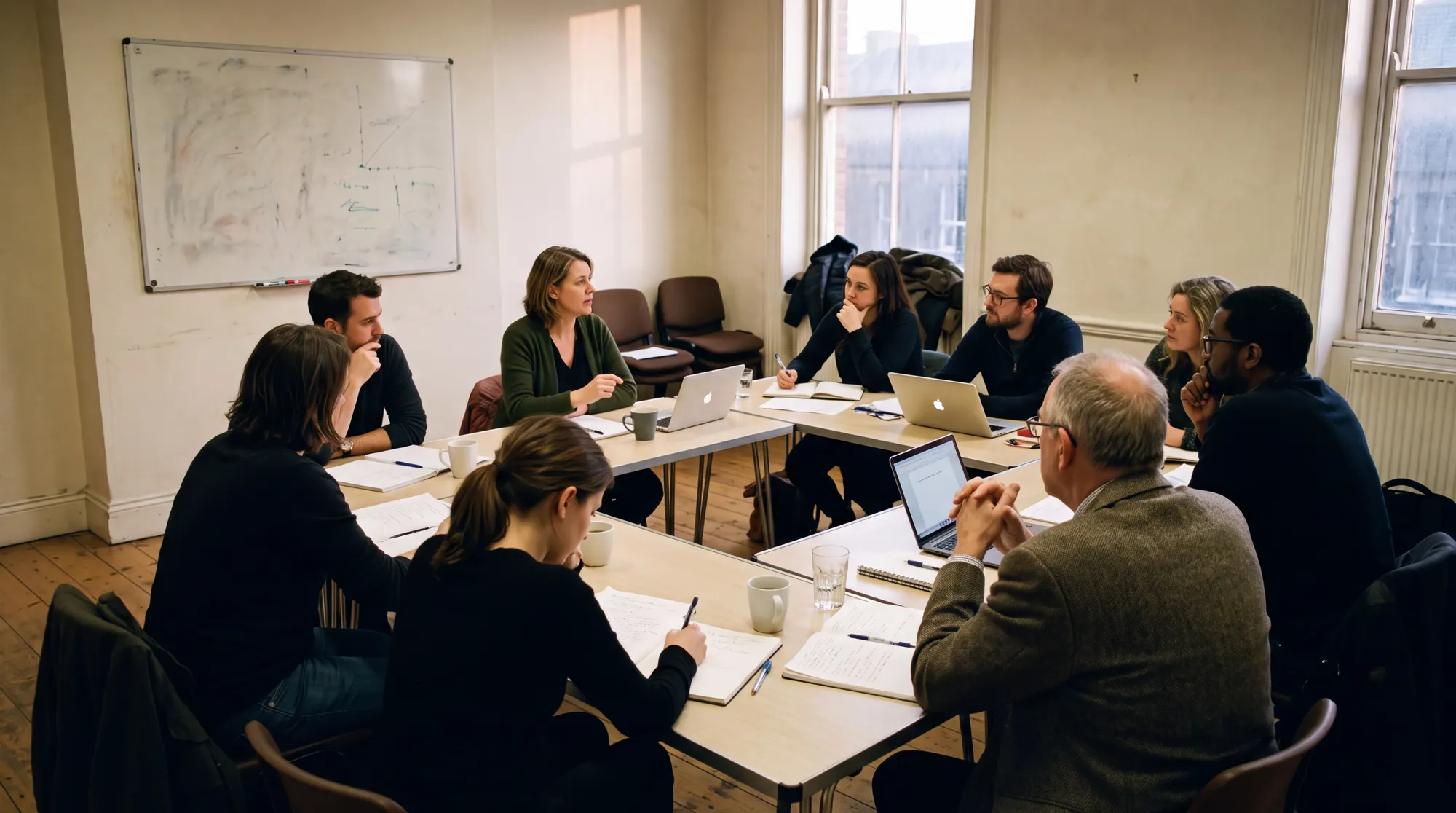 Adults around tables pushed into a square in a plain rented room, notebooks and laptops open, one of them mid-sentence