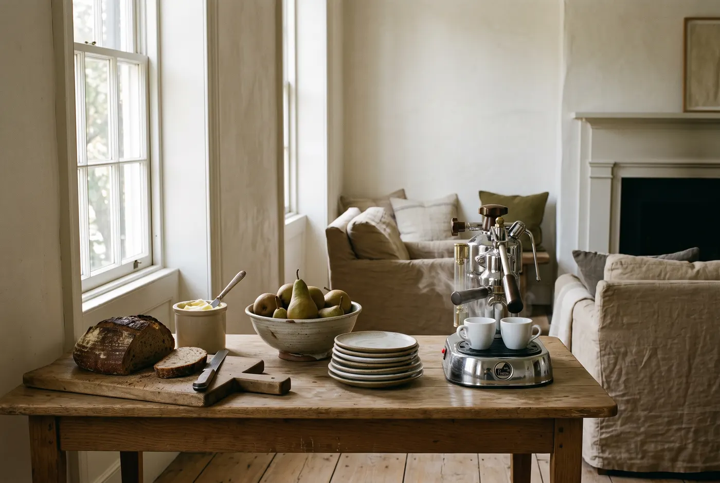 Breakfast laid on a scrubbed oak table: a dark sourdough loaf on a board, a crock of butter, pears, and two cups drawn from the espresso machine