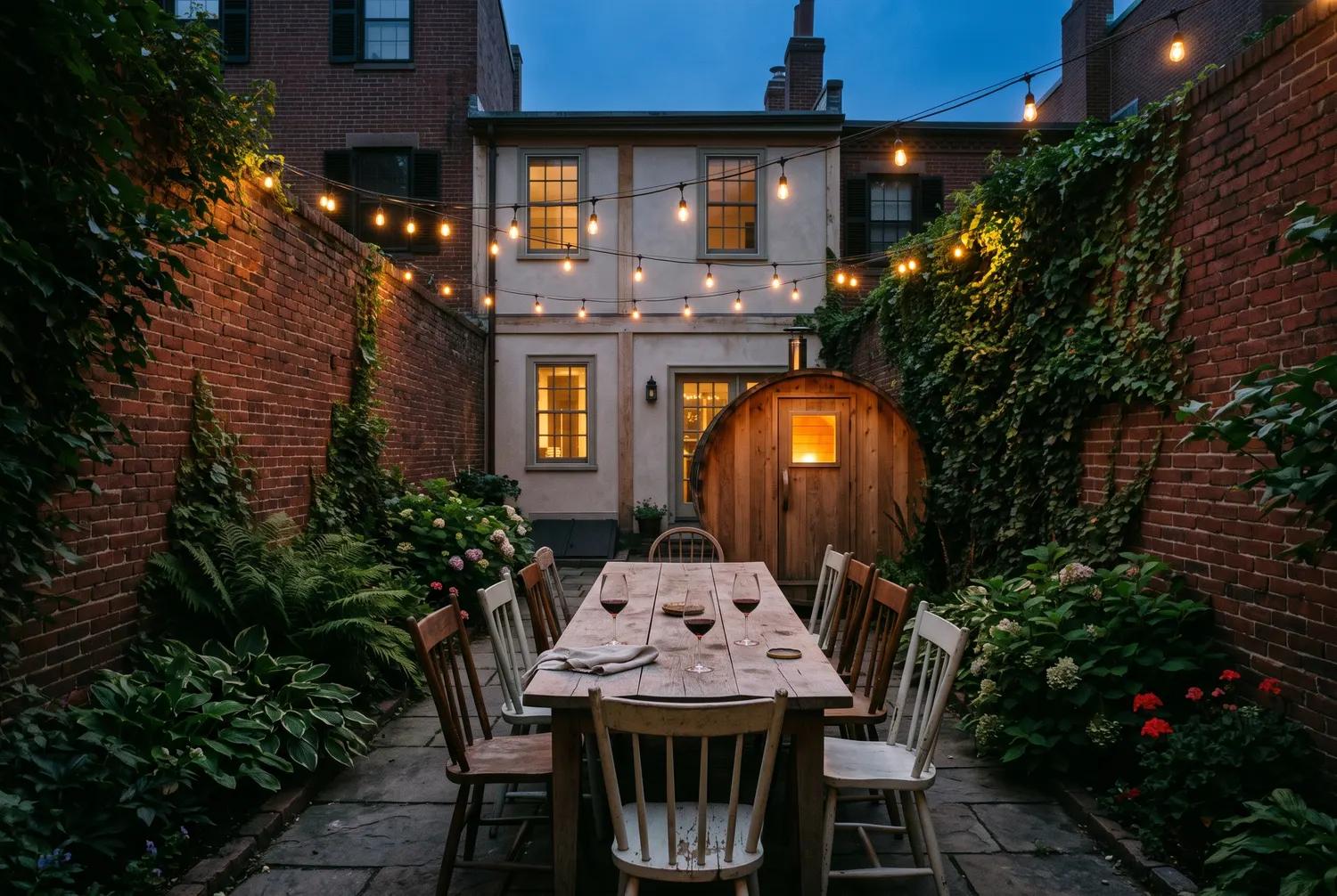 The walled brick courtyard at dusk with a long communal table, string lights coming on, and the cedar barrel sauna glowing at the far end