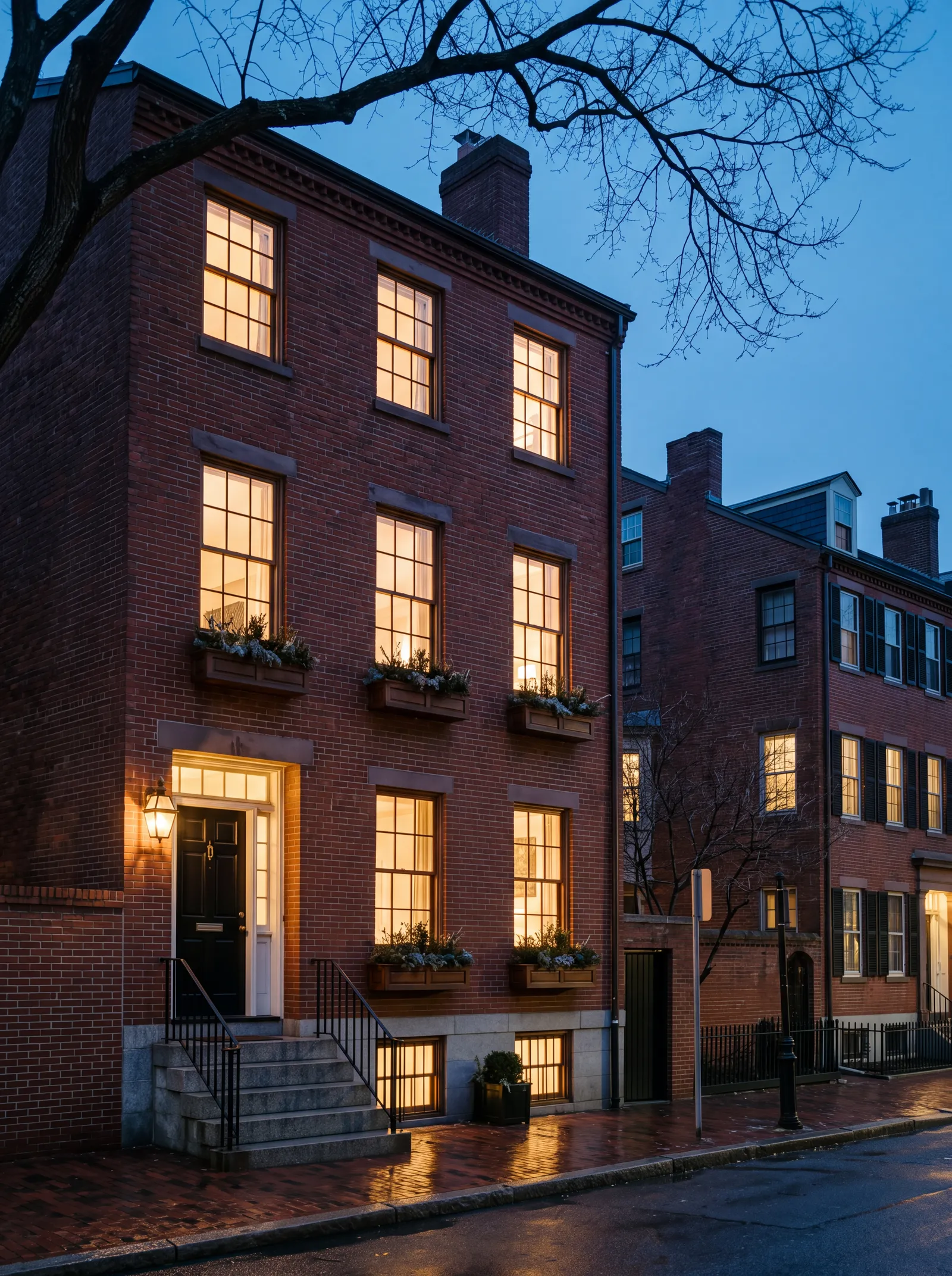 The four-storey brick townhouse at blue hour, every sash window lit warm from inside and a brass lantern beside the black front door
