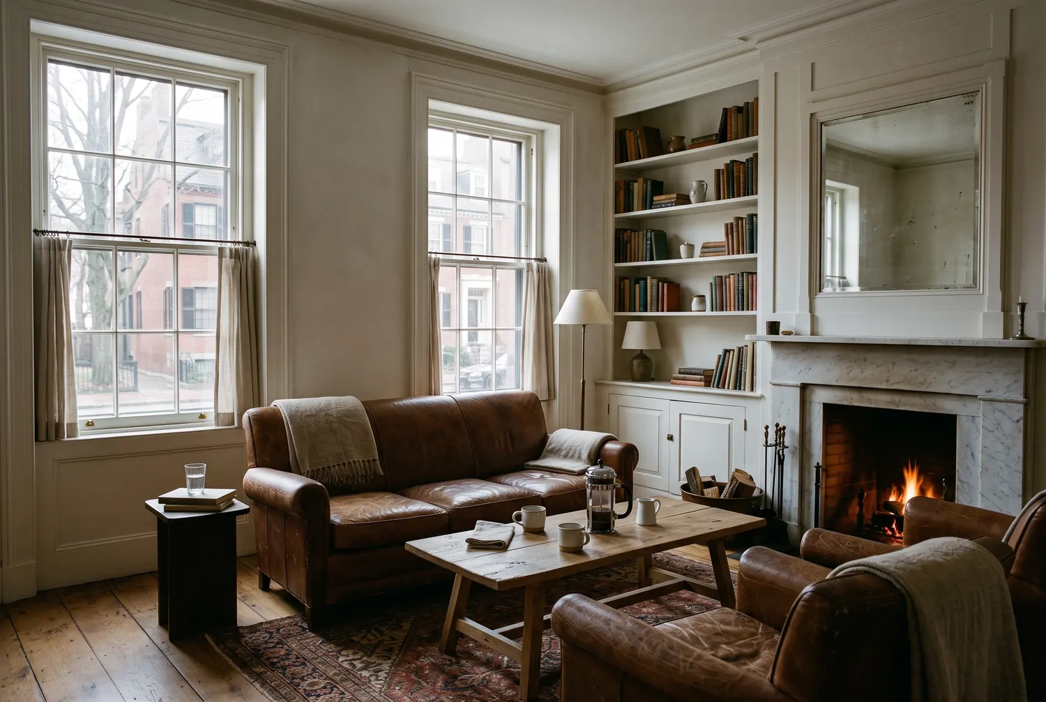The front parlour early in the morning: a worn leather sofa, two armchairs, and a small fire lit in the marble fireplace
