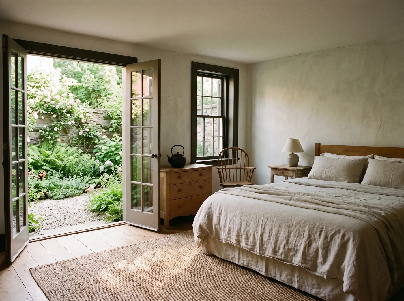A ground-floor room whose glass doors stand open onto a walled perennial garden, morning light across a jute rug
