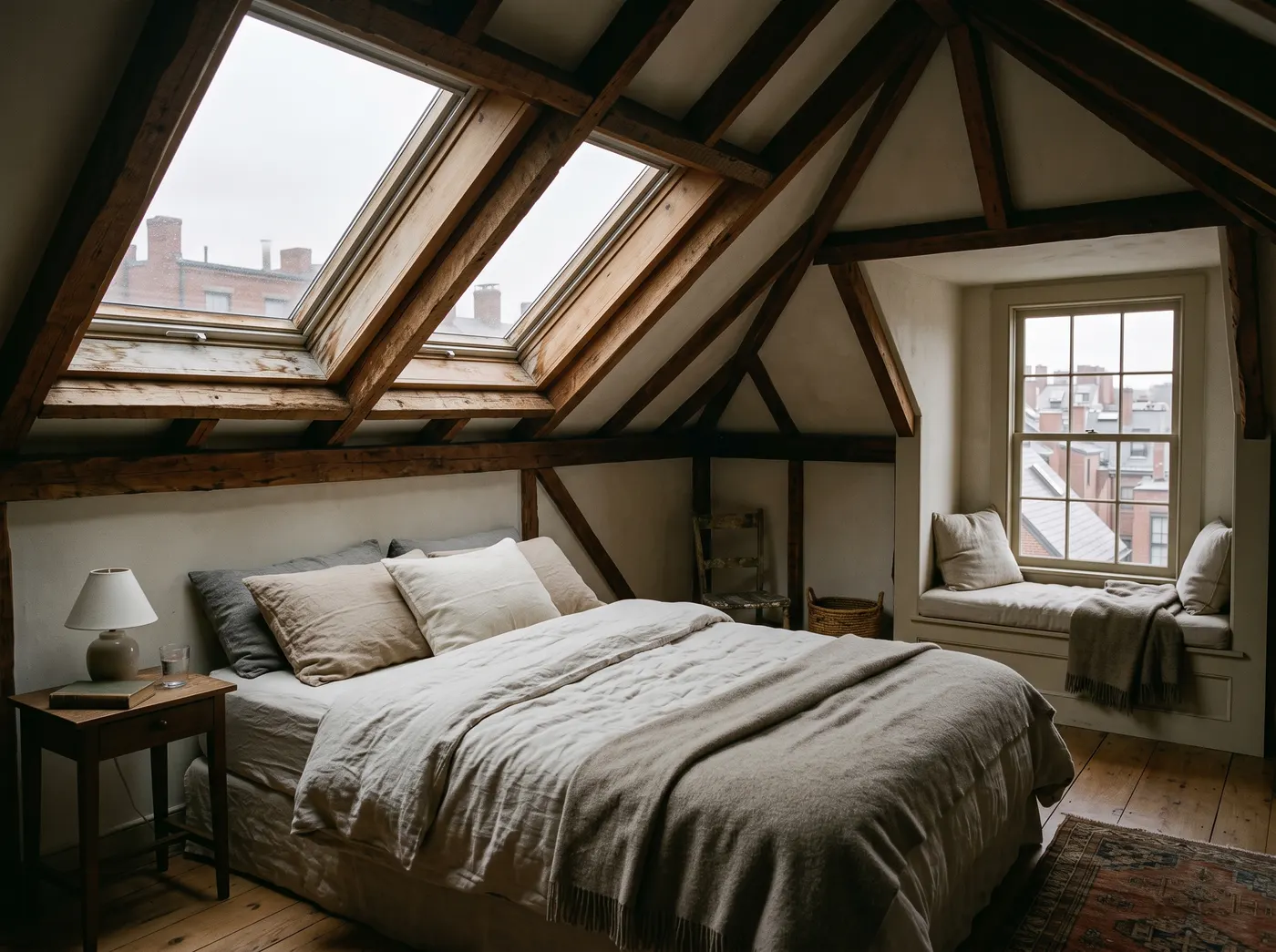 An attic room under exposed cedar framing, the bed directly beneath two skylights and a cushioned bench in the dormer