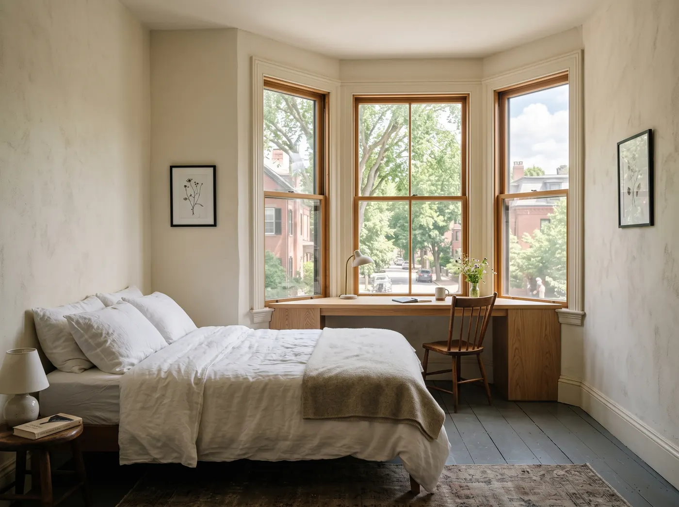 A small sun-filled room built into a Victorian bay window, with an oak desk set into the bay and elm trees outside