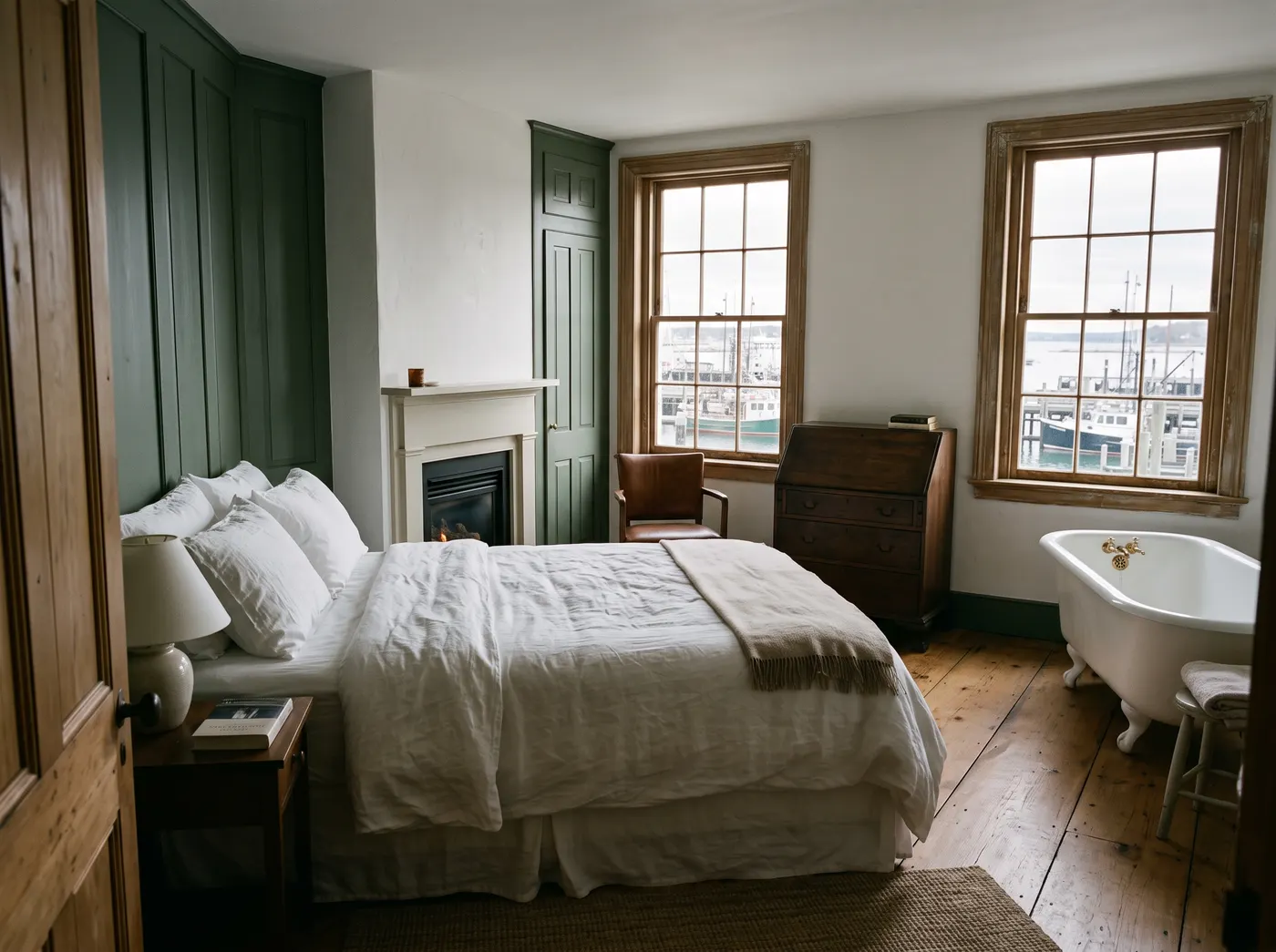 A corner suite with a king bed in white linen, a lit gas fireplace, and a freestanding porcelain soaking tub by two tall windows