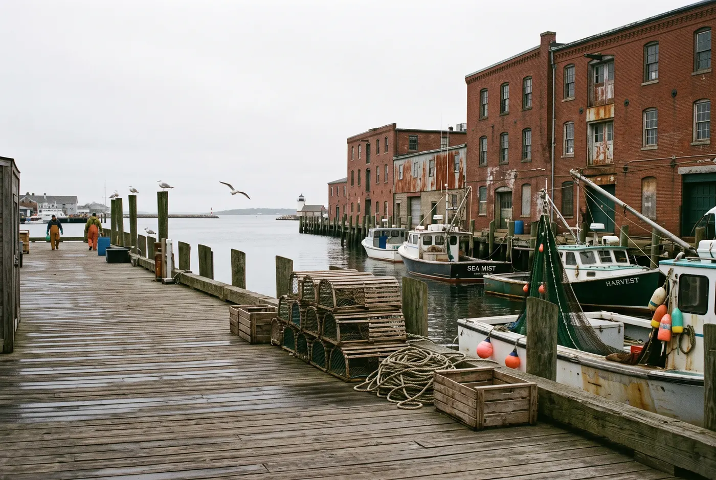 The working harbour on an overcast morning, fishing boats at the dock and lobster traps stacked on the pier