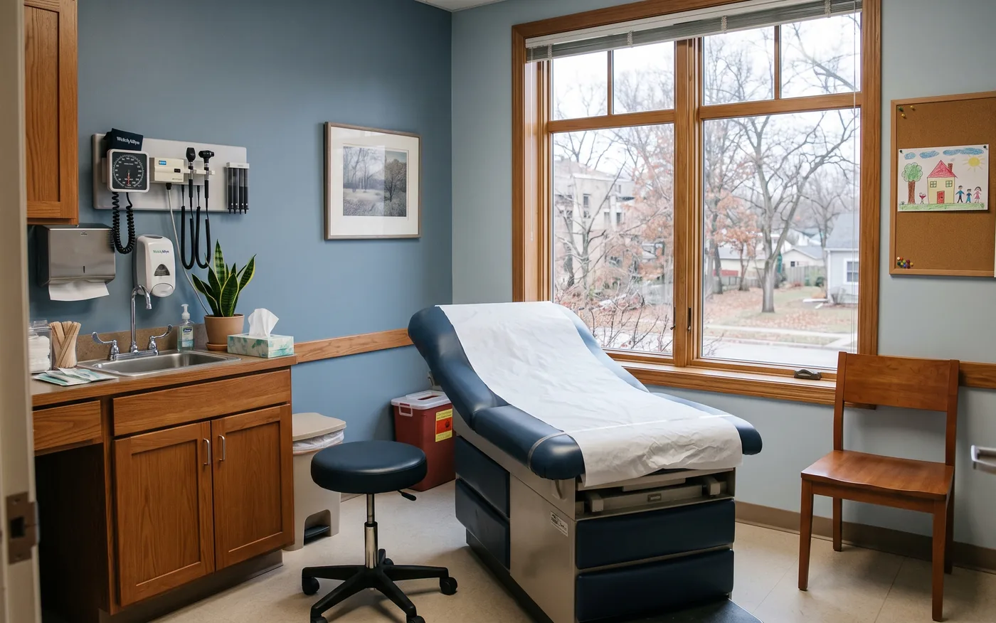 An exam room at the clinic: the table, the stool, a chair for whoever came with you, and the window onto the street