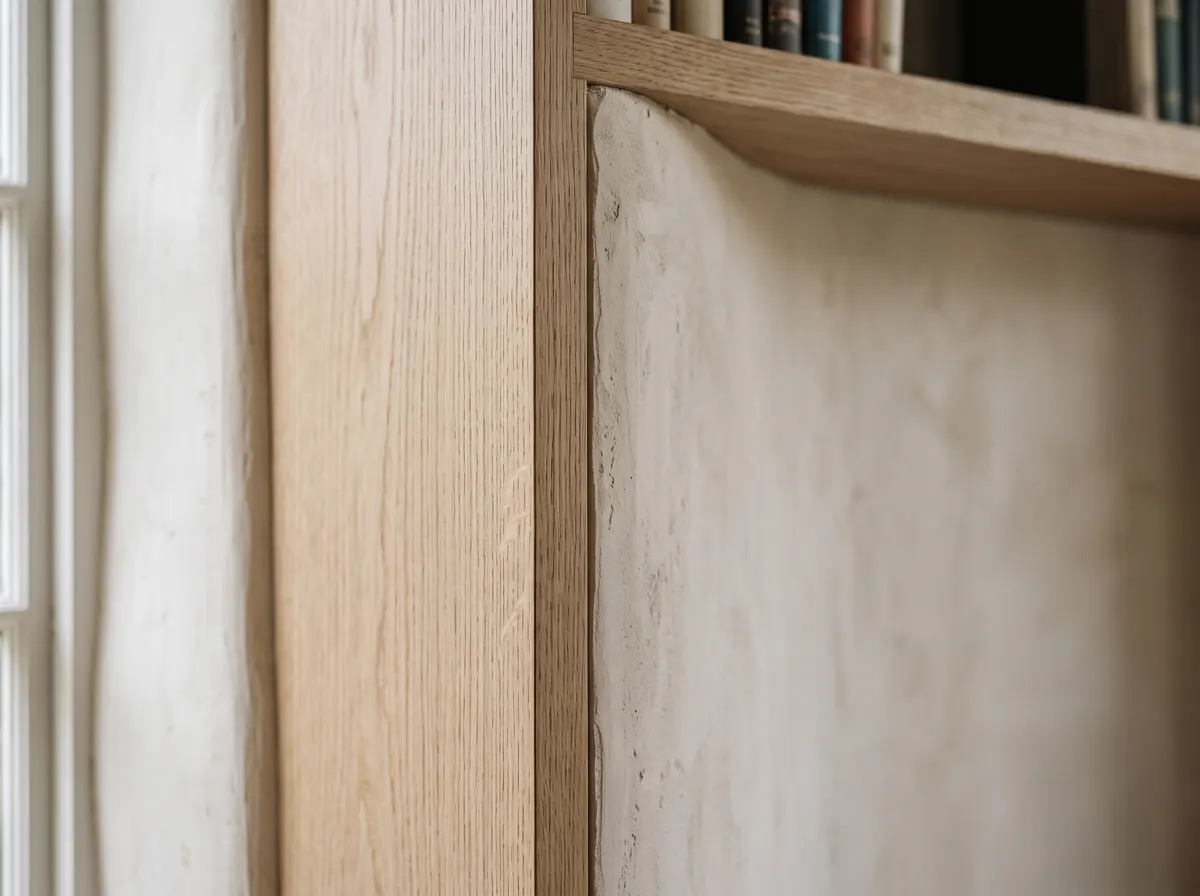 White oak pilaster scribed tight against an uneven plaster wall, with books on the shelf above