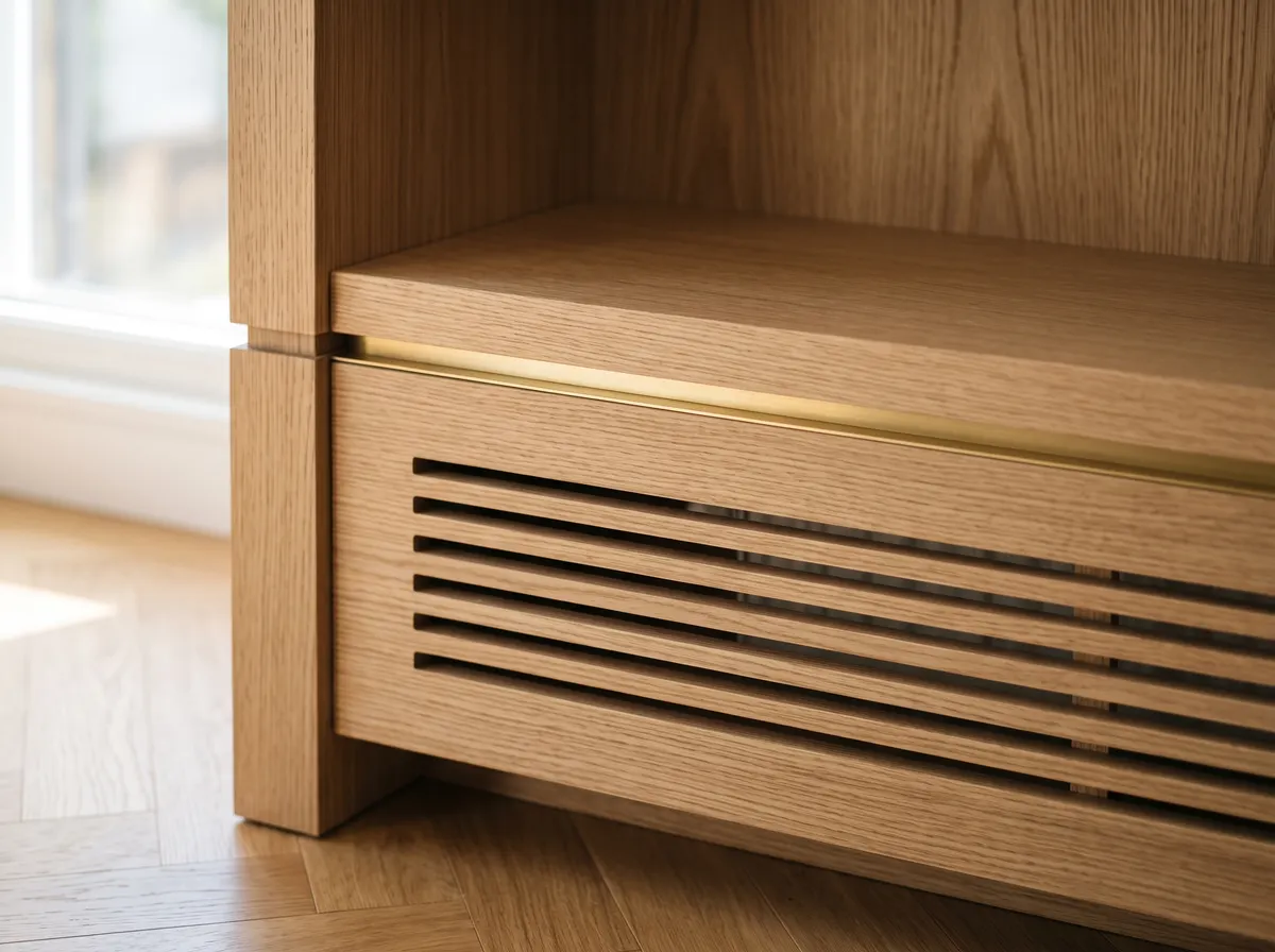 Slatted oak convection grille recessed into the base cabinet, a brass reveal running above it