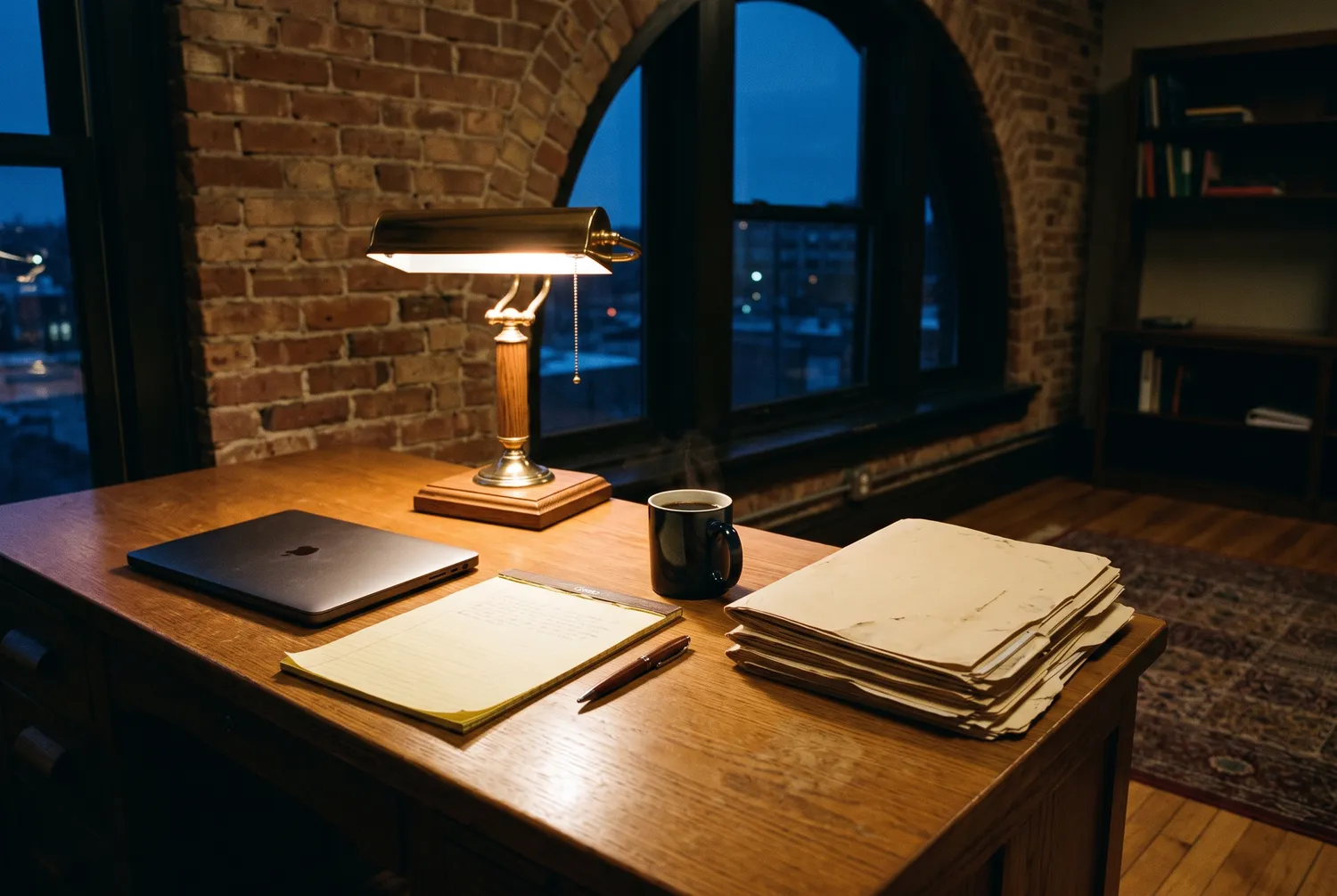 A desk at the end of the day: a closed laptop pushed aside, a legal pad face down, a mug of coffee and a stack of folders under a lit lamp