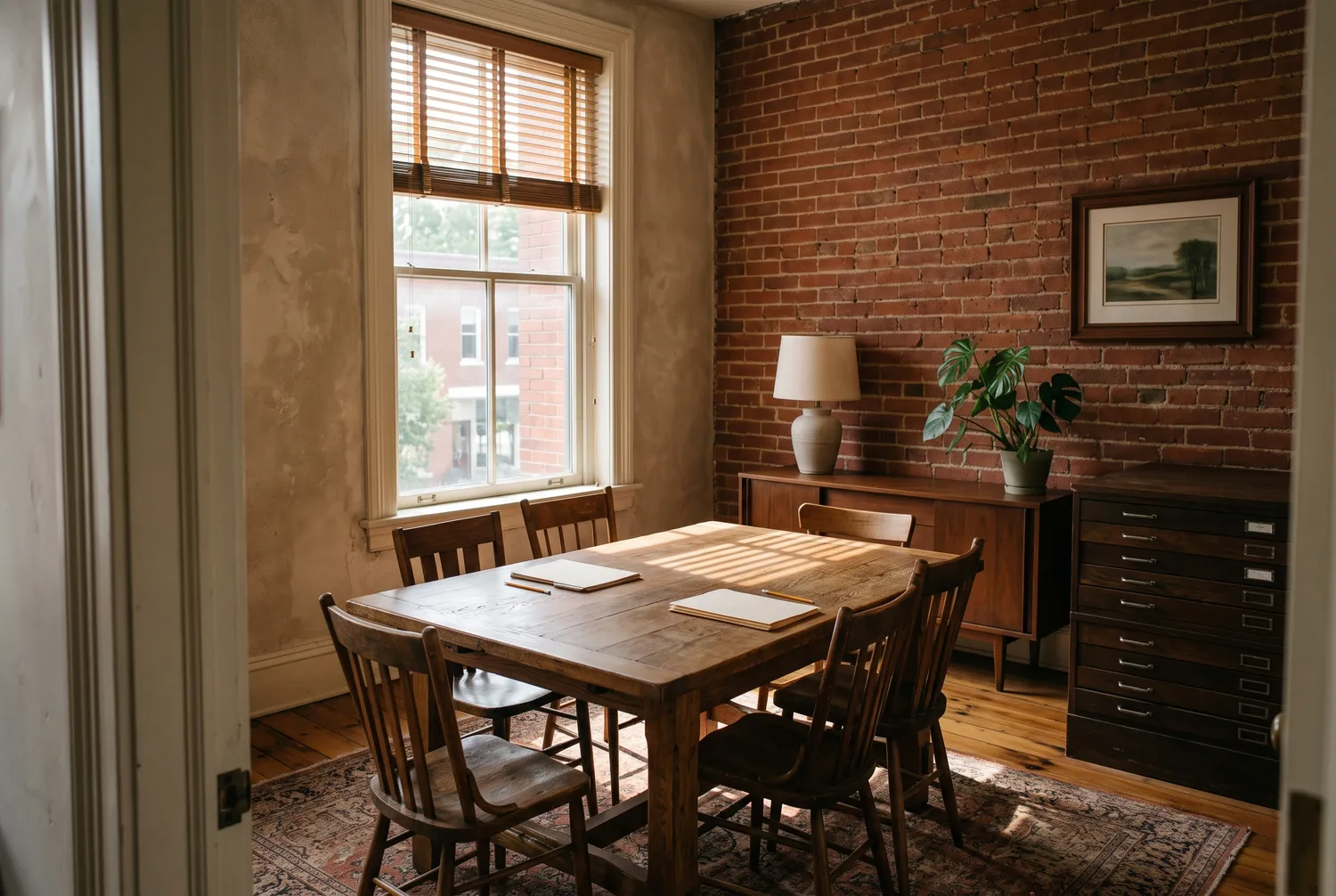 The meeting room: an oak table with six mismatched wooden chairs and a sash window with the blinds half open