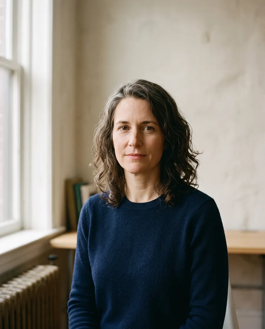 A woman in her late forties with shoulder-length dark hair, in a navy sweater, looking straight at the camera