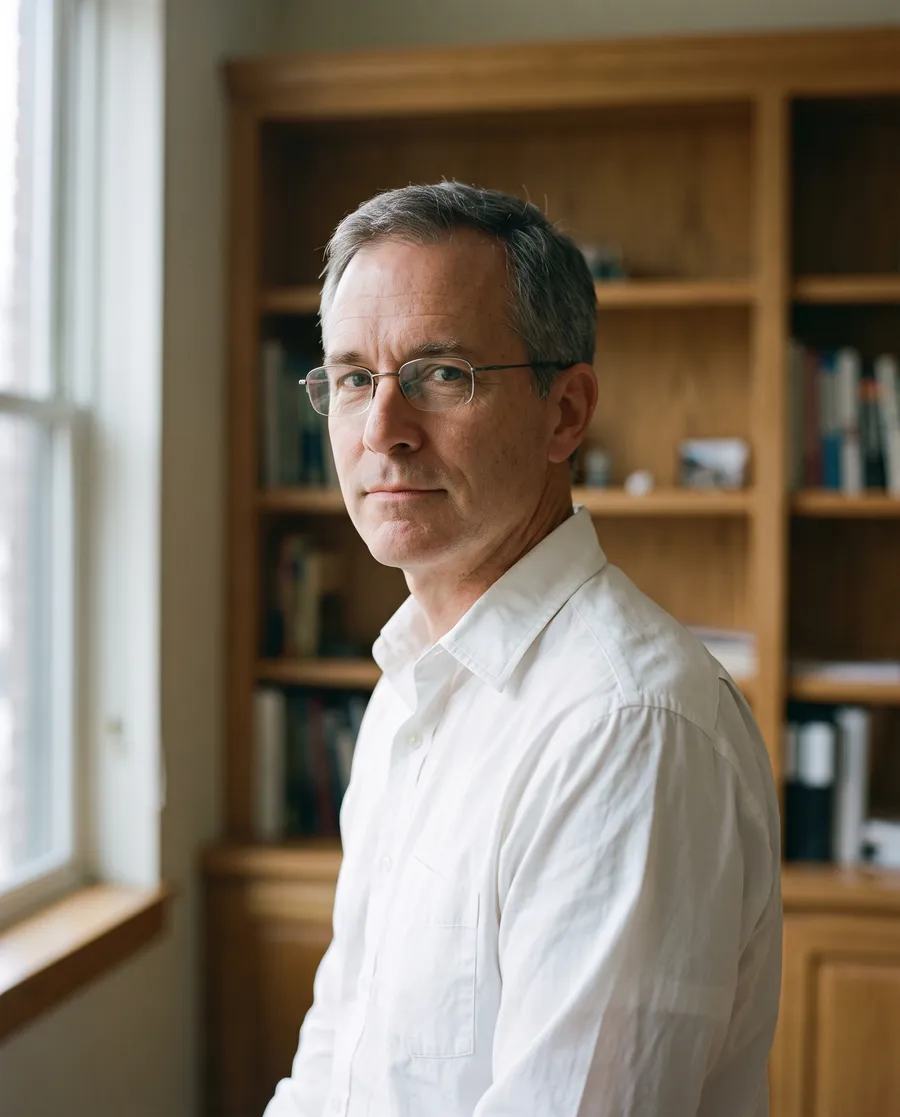 A man in his mid fifties with short grey hair and wire-rimmed glasses, in an open-collar white shirt, in front of oak shelving