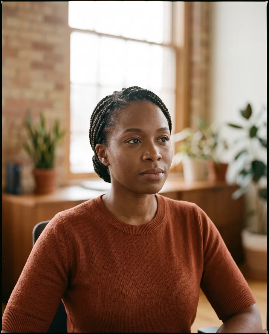 A woman in her mid thirties with braided hair pulled back, in a rust knit top, backlit by a window
