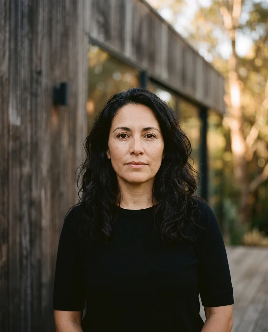 A woman in her early forties with dark wavy hair in a black top, photographed outdoors in open shade beside a timber and glass house