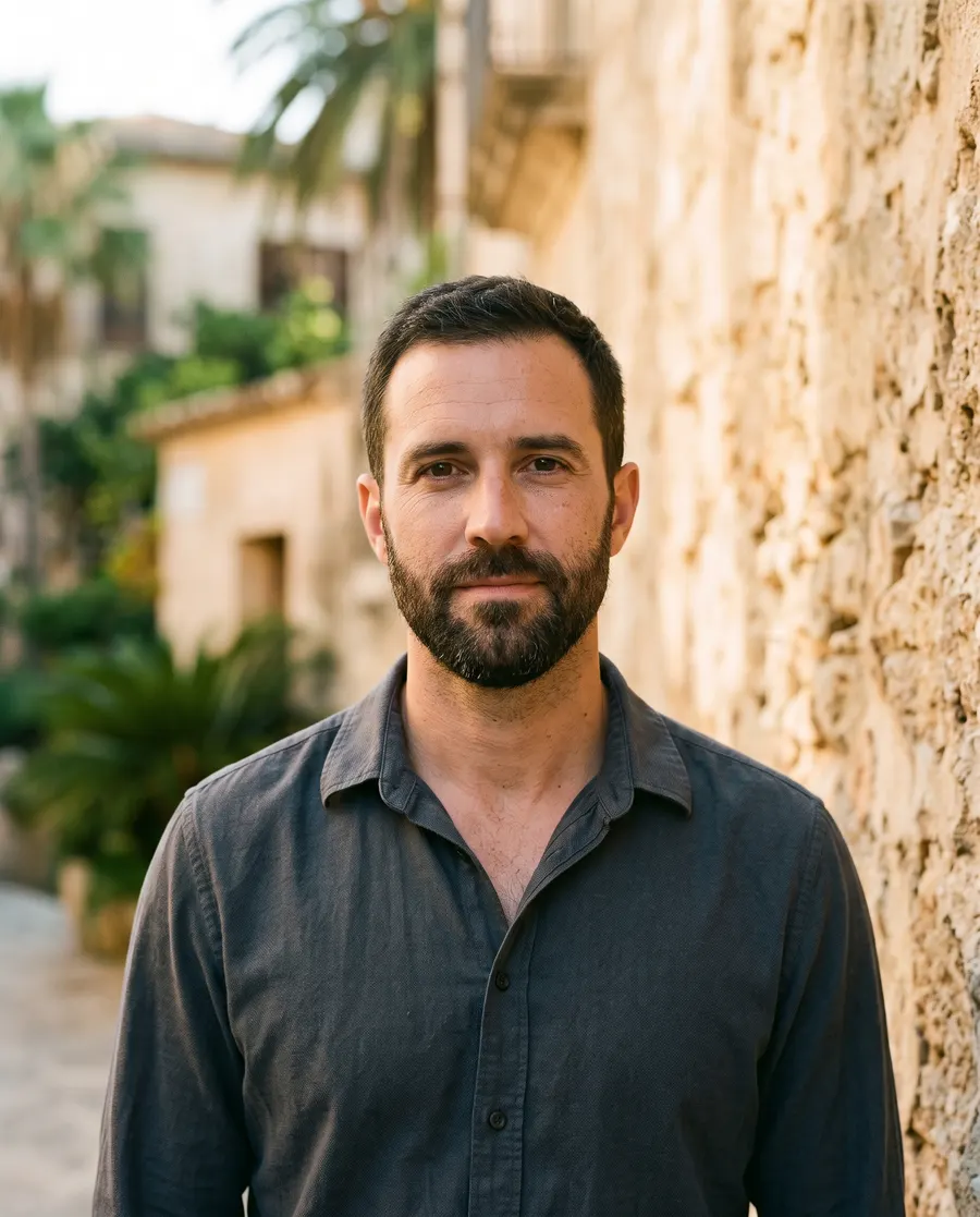 A man in his late thirties with short dark hair and a trimmed beard in a charcoal shirt, against a sunlit limestone wall