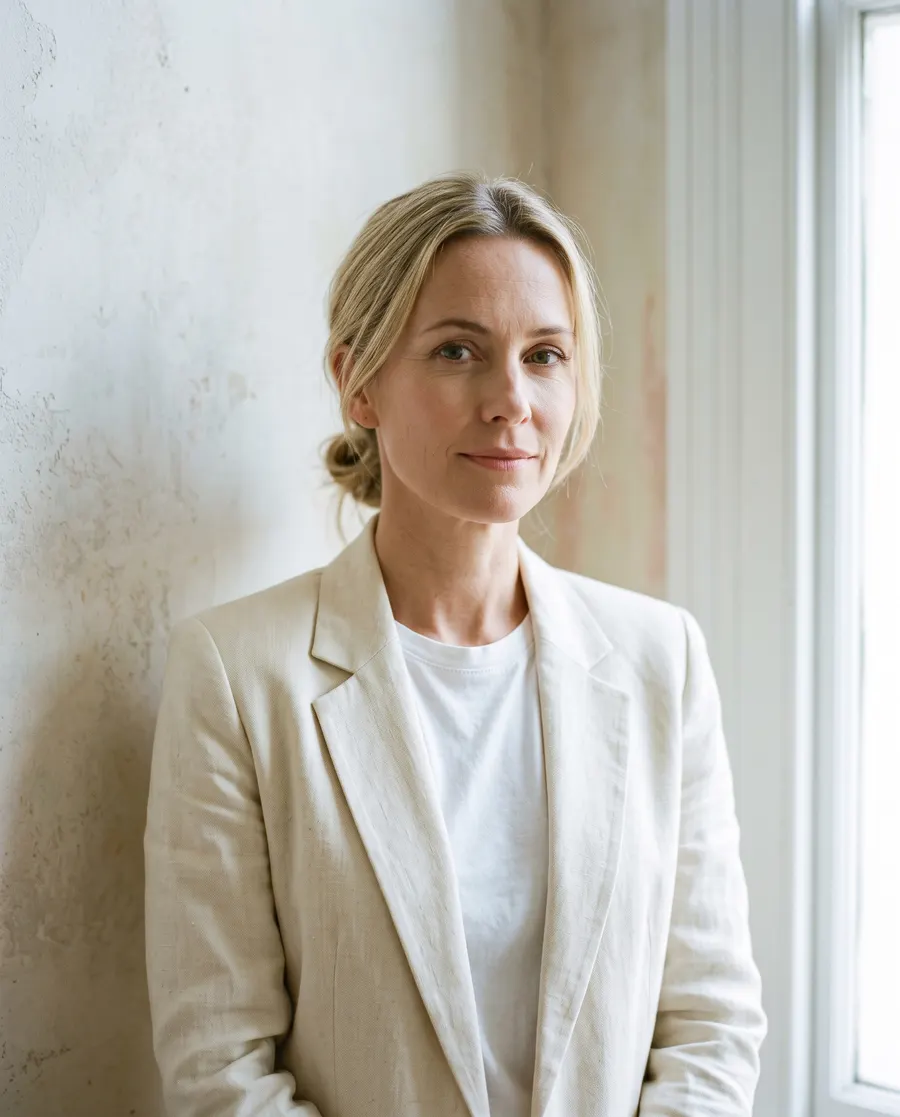 A woman in her forties with blonde hair in a low bun and a cream linen blazer, against a pale plaster wall