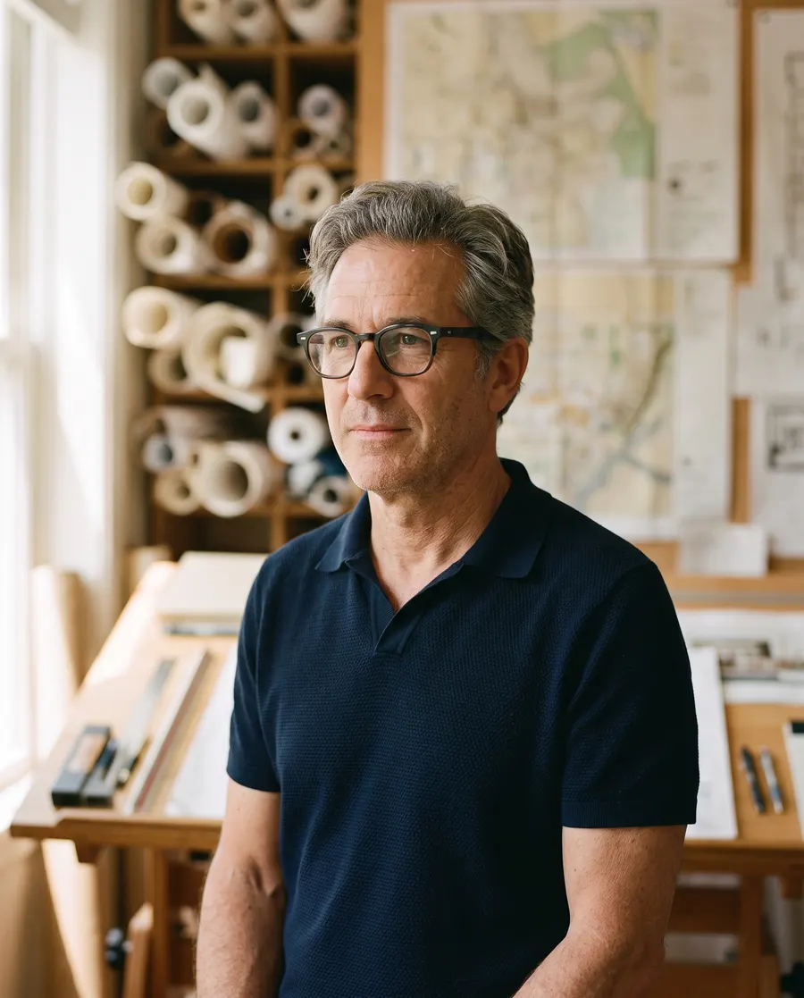 A man in his fifties with grey hair and dark-framed glasses, in front of a wall of rolled drawings and a drafting table