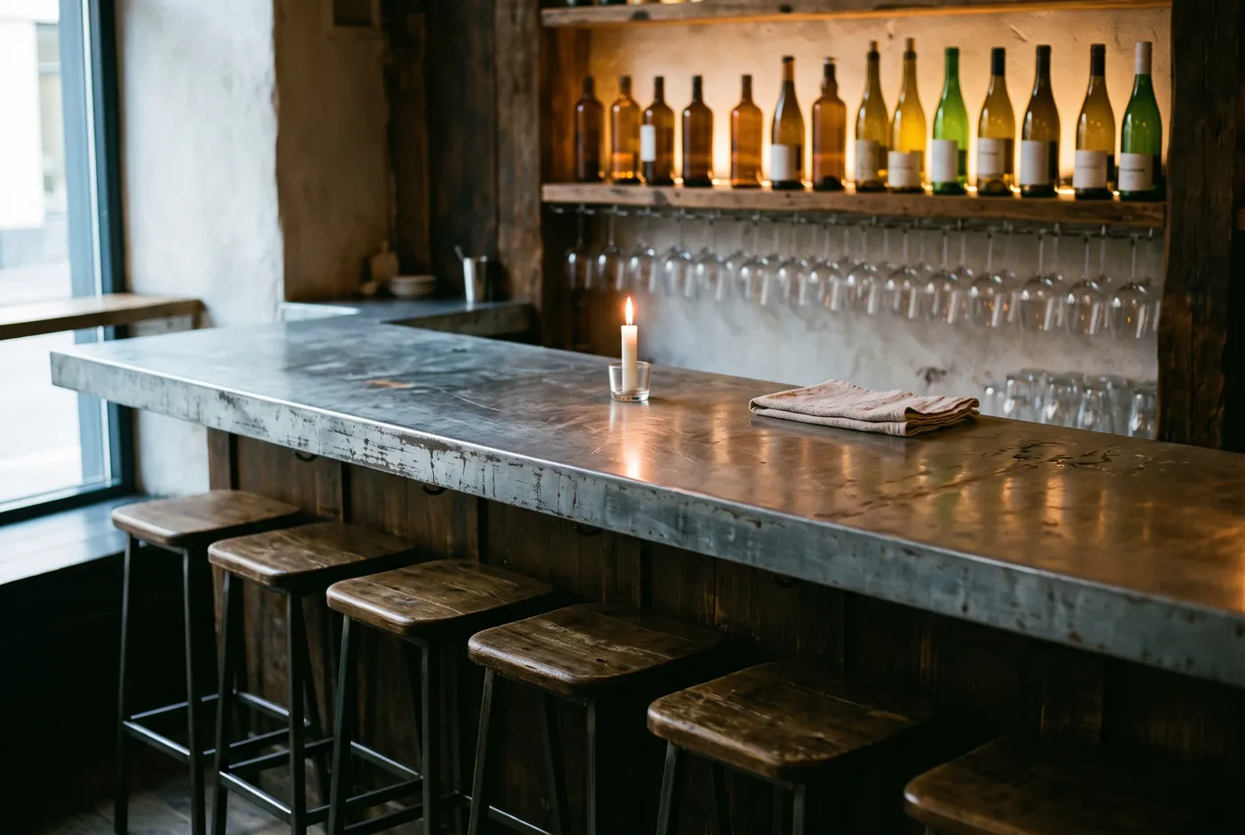 The zinc-topped bar with six wooden stools before opening, stemware hanging above it