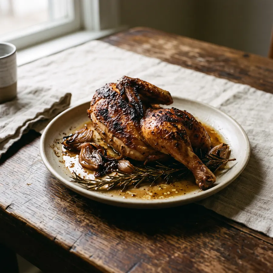 Half a chicken roasted over wood, the skin deep mahogany, resting in pan drippings