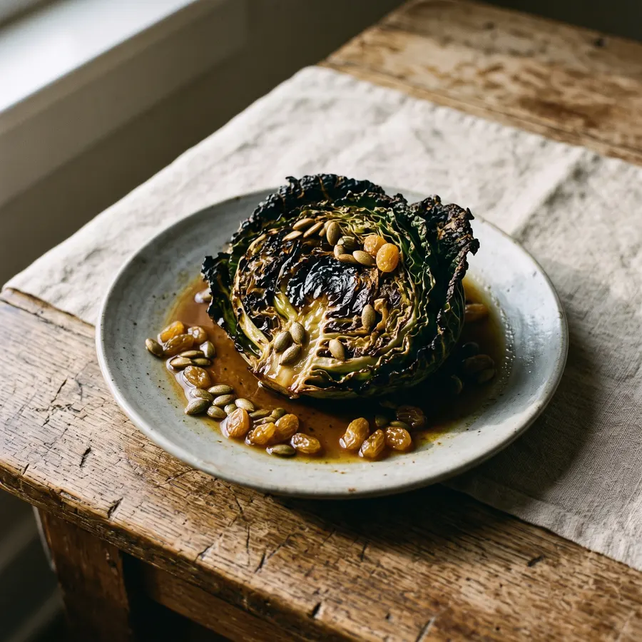 A charred half head of savoy cabbage in brown butter with pumpkin seeds and golden raisins