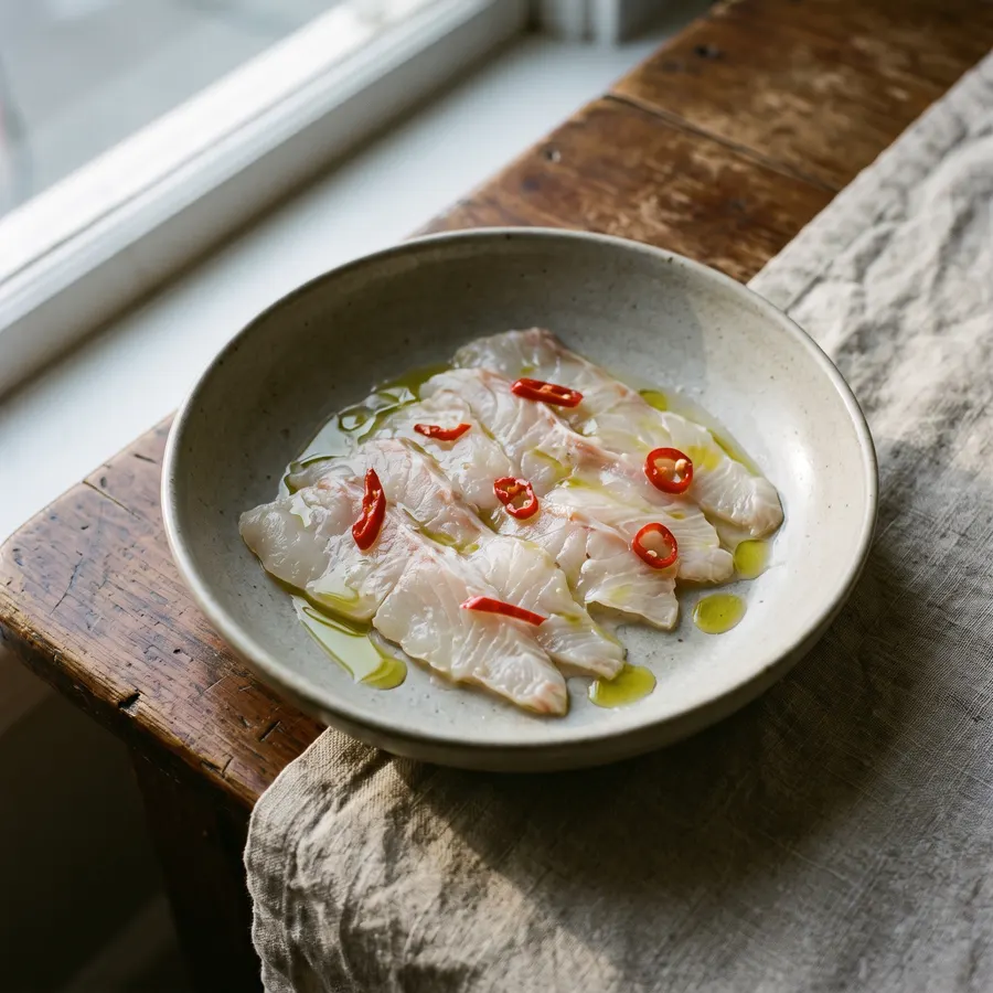 Thin slices of raw kampachi overlapping in a shallow bowl with olive oil and slivers of chilli