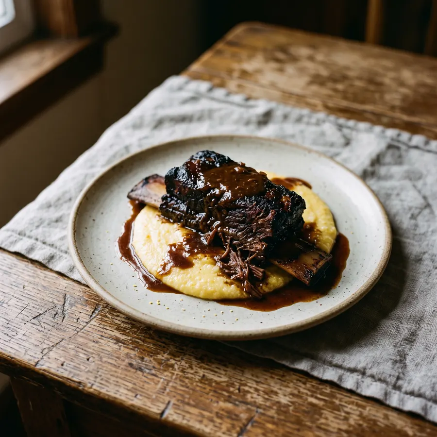 A braised short rib falling off the bone onto soft polenta with its reduced braising liquid