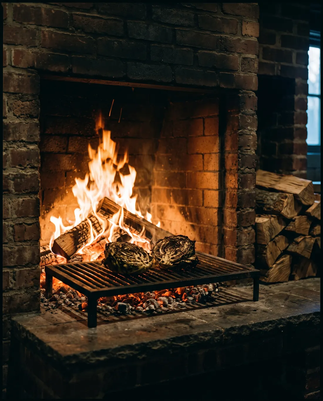 A white oak fire burning in the brick hearth with cabbage charring on the grate above the embers