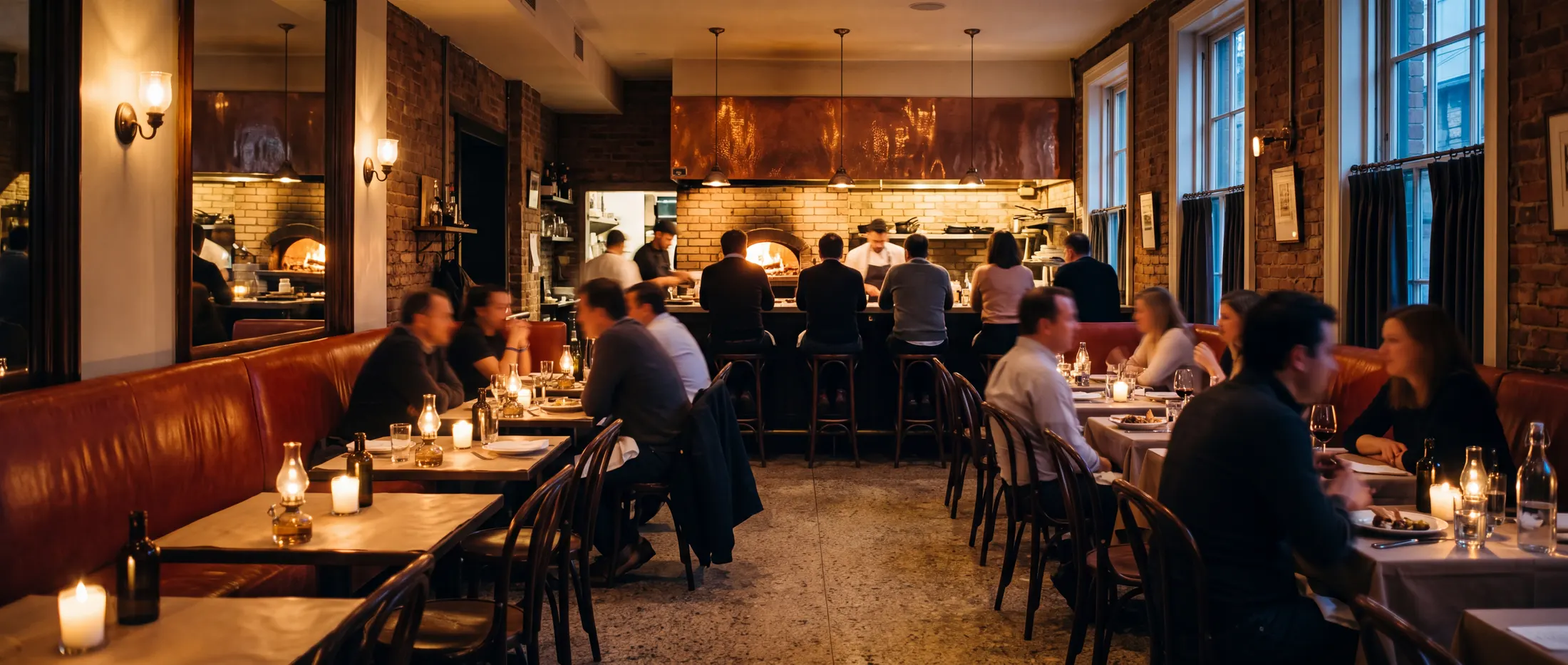 The dining room during evening service: rust-red banquettes, candles on every table, and the lit wood-fired hearth at the back