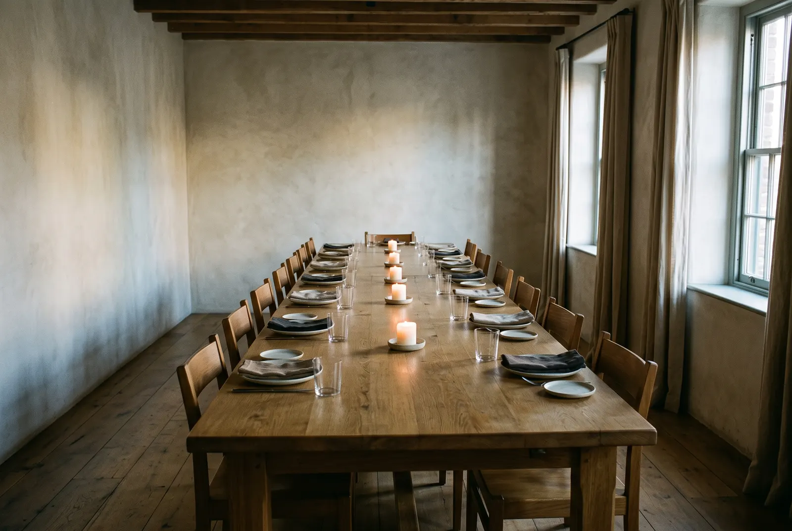 A long oak table set for fourteen in the private room, candles down the centre