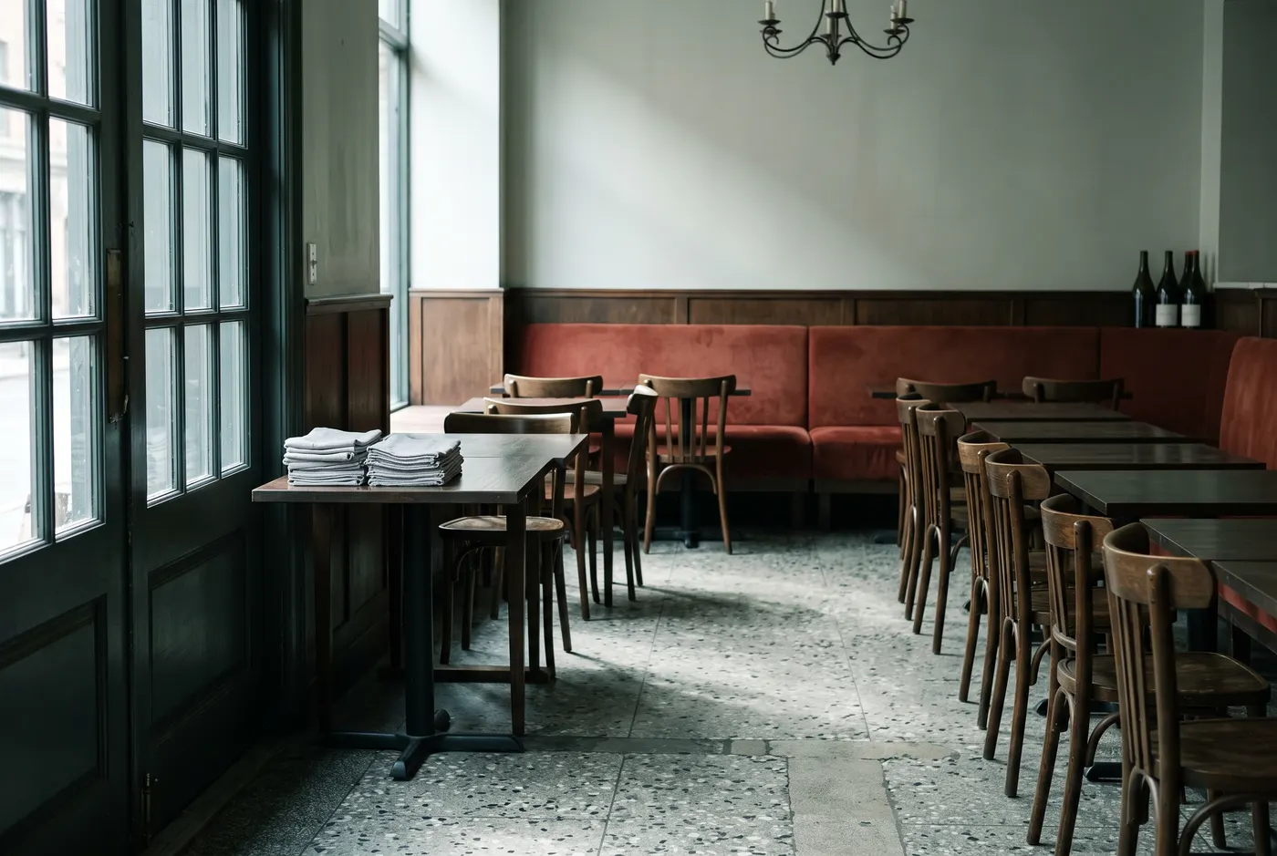 The dining room empty in the morning, daylight across the terrazzo floor
