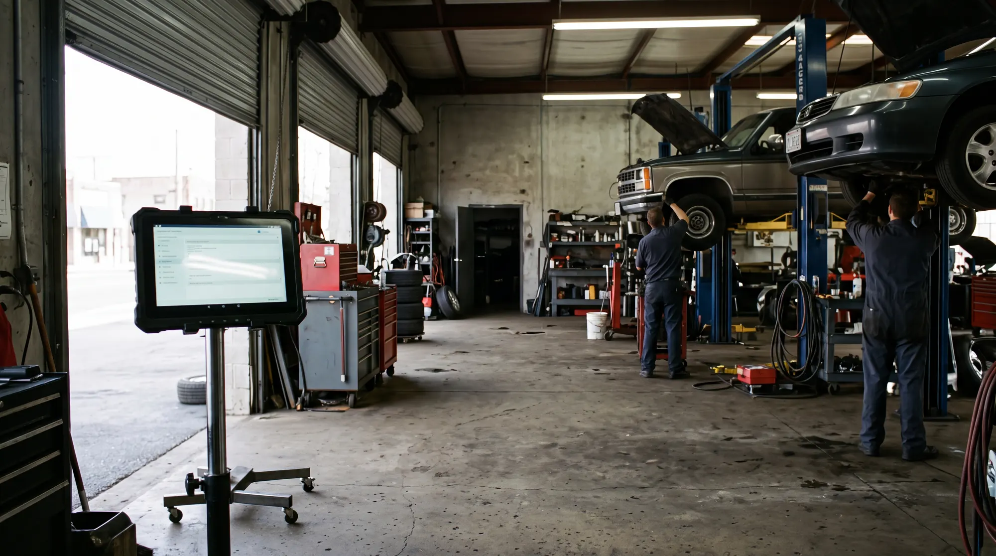 A four-bay repair shop mid-morning, two cars on lifts and a ruggedised tablet on a rolling stand in the foreground