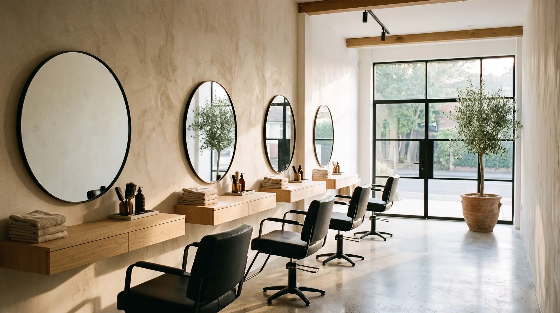 The studio before opening: chairs in a row, round mirrors, morning light