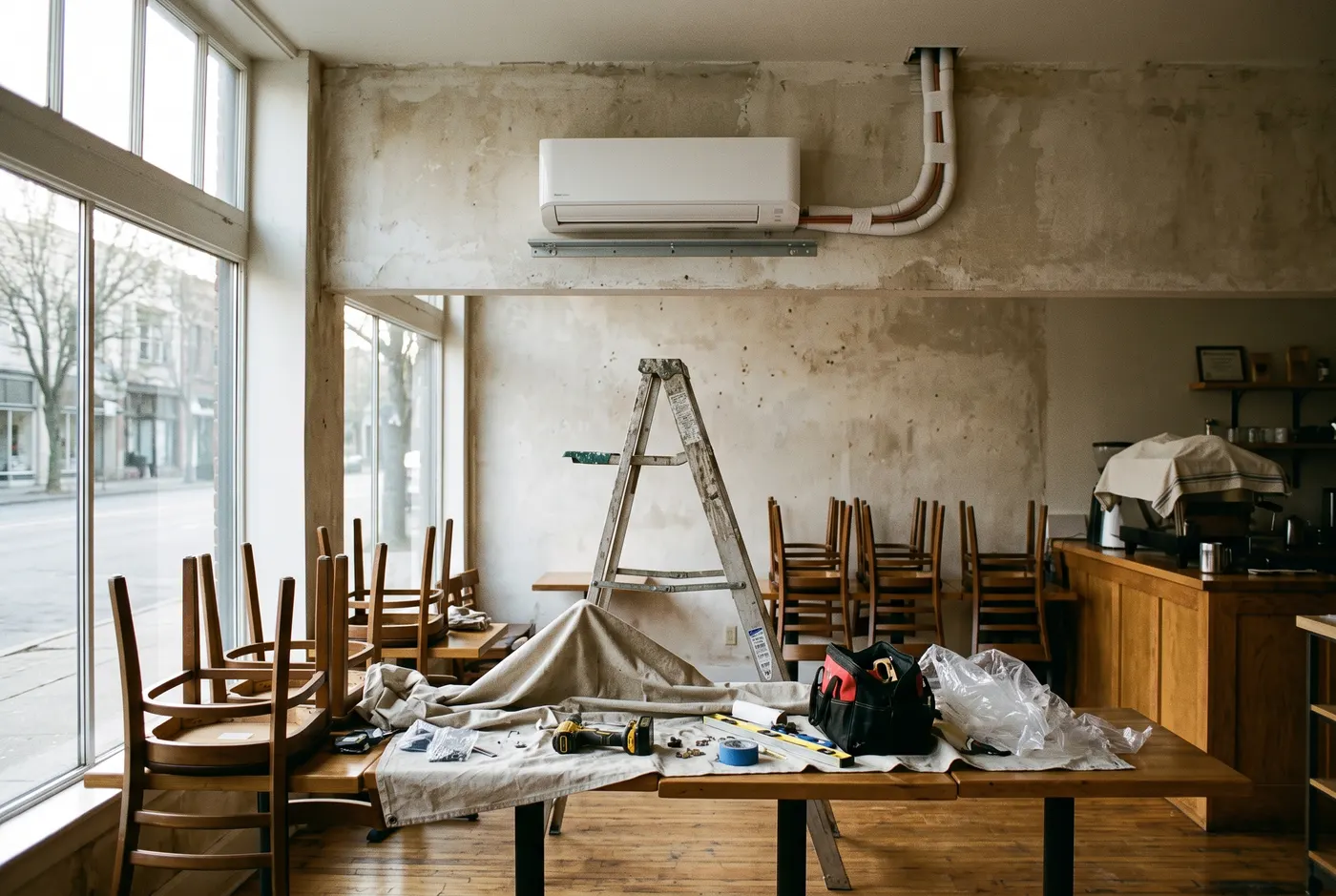 A new wall-mounted air handler installed high on the wall of an empty cafe dining room, a stepladder still below it