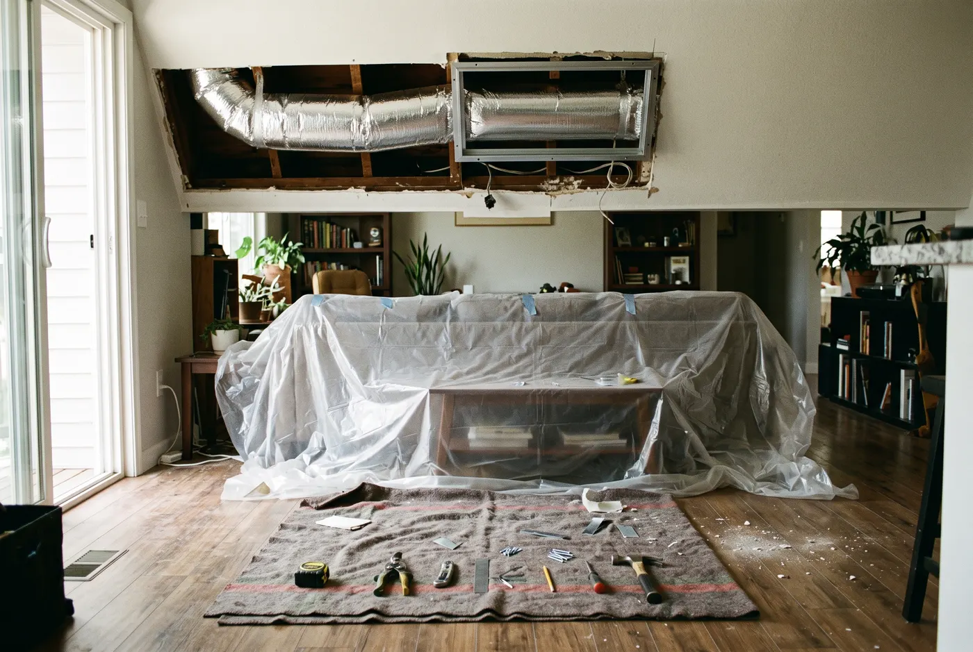 New insulated ductwork in an opened ceiling cavity of an open-plan living room, a fresh register frame set square