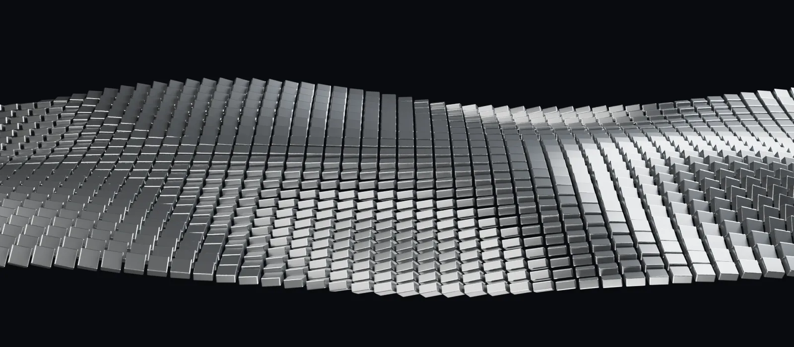 A field of identical metal plates, each turned a little differently, forming a wave.